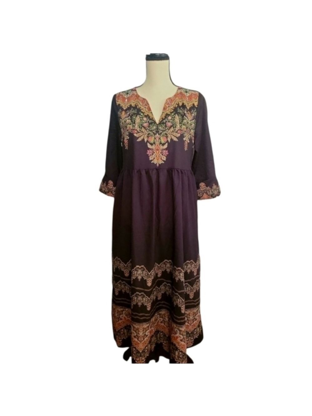 Noracora Black Floral Boho Midi Dress Small Embroidered Border NWT - Picture 3 of 8